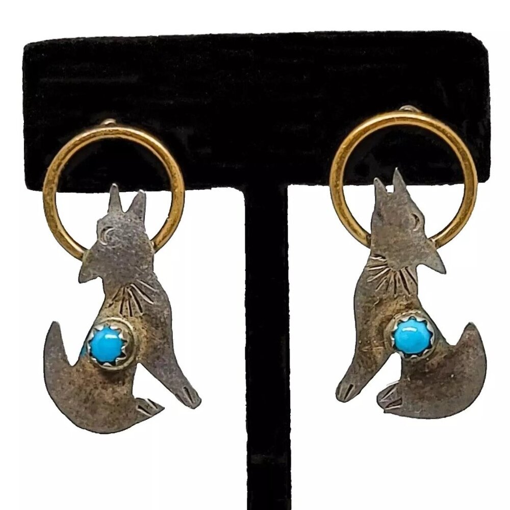 Vintage Sterling Silver Howling Coyotes with Brass Moon Earrings 925 Turquoise
